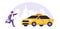 Online taxi ordering service. A driver in a yellow taxi, a passenger, transportation of people. Running businessman with