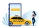 Online taxi. Woman calls automobile through application in smartphone, phone screen and girl ordering yellow car, flat