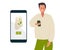 Online tea order. Man stands and orders tea. Craft paper bag with green leaves on phone screen. Flat Vector isolated on