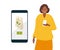 Online tea order. Woman stands and orders tea. Craft paper bag with green leaves on phone screen. Flat Vector isolated