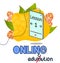Online training, phone with earpiece in the mode of listening to lectures and lessons. The caption of online education
