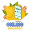 Online training, phone with earpiece in the mode of listening to lectures and lessons. Lettering online education