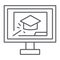 Online training thin line icon, education and study, graduation cap and laptop sign, vector graphics, a linear pattern