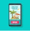 Online travel booking via mobile phone vector illustration, concept or on-line trip or journey book button with