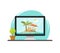 Online travel via computer vector illustration, concept of on-line trip and journey booking via pc, flat cartoon