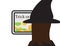 Online trick or treat, girl with witch hat looking at a screen with trick or treat text and candies