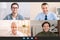 Online video call. Screen with happy Caucasian men having web conference via internet, collage