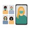 Online video conference, black and white people on smartphone screen, flat vector illustration