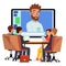 Online Video Conference Vector. Man And Chat. Director Communicates With Staff. Webinar. Business Meeting, Consultation