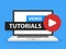 Online video tutorials education button in Laptop notebook computer screen. Play lesson concept. Vector illustration