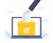 Online voting concept flat style design vector illustration. Giant hand puts ballot to the urn on laptop screen online