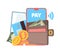 Online wallet concept. Phone contactless pay, purse with cash money on smartphone screen vector illustration