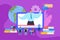 Online webinar coaching, vector illustration. Training employees team, learning videp pn large computer screen. Teacher