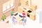 Online work couple work at home kitchen, isometric