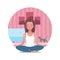 Online yoga icon. Meditation or fitness at home. Cartoon style cute girl