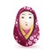 Onna Daruma Japanese doll in a purple kimono with a pattern of cherry. Vector illustration on white background.