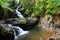 Onomea waterfall, Hawaiian Tropical Botanical Garden, Hili, Hawaii. Surrounded by tropical forest, pool and rocks below.
