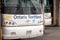 Ontario Northland logo on a motorcoach bus standing in Toronto Coach Station.