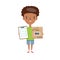 Ontime delivery service. Young logistic man in shorts and t-shirt standing, holding cardboard box and delivery report on