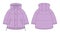 Ooversized raglan puffer winter down coat technical sketch. Pastel purple color