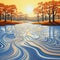 Op Art Inspired Sunset Landscape With River And Trees