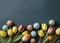 op view photo of colorful easter eggs and bunches of multicolor tulips, light blue, copyspace, generative AI
