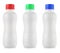 Opaque white plastic bottles with colored lidon white background