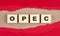 OPEC word on wooden cubes on red torn paper , financial concept background