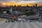 Opeing wooden floor of Bangkok skyline with highway overpass intersection