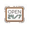 Open 24 7 hours RGB color icon. Twenty four seven store. Hanging retail sign. Signage for 24 hrs shop. Supermarket