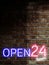 Open 24 hours in 7 days sign on rusty brick wall with copy space in vertical. Bar open light Neon Sign. Night store blue, red and