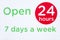 Open 24 hours 7 days a week round circle sign red and green against white background for shop opening times