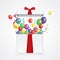 Open 3d realistic gift box with confetti and balls. Vector illustration. surprise