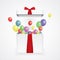 Open 3d realistic gift box with a red bow and balls. Vector illustration. Surprise