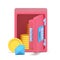Open 3D safe with gold coins and diamonds. Pink armored vault with dropped gem and yellow circles