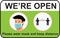 Open again after quarantine, vector illustration of small business owner welcoming customers, information re-opening of shop, serv