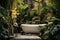 Open air stone bathtub. Beautiful view of outside bathroom on veranda with beautiful tropical garden view in luxury