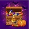 Open antique treasure chest with candy on Halloween