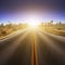 Open asphalt road in the USA national park. Straight asphalt Highway. Joshua Tree national park. High speed