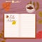 Open Autumn Daily Diary notepad, list schedule, goals, to do, acorn, autumn leaves, coffe cup. Personal planning and
