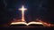 Open bible with glowing cross on horizontal banner