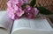 Open Bible and lilac flowers