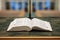 Open Bible on Preacher`s Pulpit in Empty Church Sanctuary