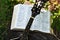 Open Bible with propped up mandolin and the sun shining on it.