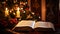 Open Bible on a Table in a Christmas Scene with Candles and Holly