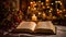 Open Bible on a Table in a Christmas Scene with Ffestive Light Background