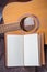 Open blank page journal by acoustic guitar