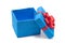 Open blue gift box with red bow