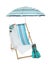 Open blue striped beach umbrella, deck chair, towel and diving equipment on white background