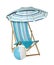 Open blue striped beach umbrella, deck chair, towel and inflatable ball on white background